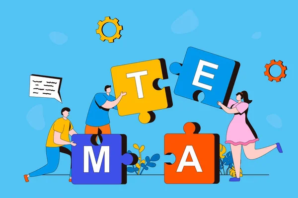 Teamwork web concept in flat 2d design. Men and woman hold puzzle pieces and put them together. Team collaborates and works together. Business development. Vector illustration with people scene - Stok Vektor