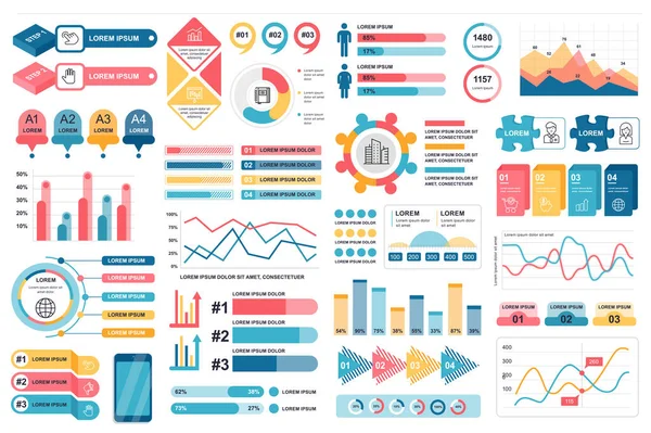 Paquete de elementos infográficos plantilla de diseño vectorial visualización de datos. Se puede utilizar para pasos, procesos de negocio, flujo de trabajo, diagrama, concepto de diagrama de flujo, línea de tiempo, iconos de marketing, gráficos de información . — Vector de stock