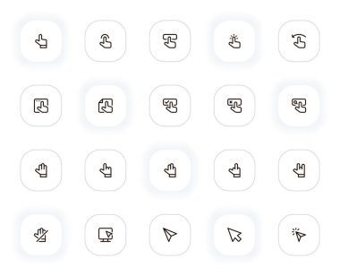 İmlecler ve seçili el çizgisi simgeleri ayarlandı. Bilgisayar faresi işaretçisi, oklar, tıklayın, onaylayın, iptal edin. Web ve ui için vektör çizgisi pictogramları, ux mobil uygulama tasarımı. Düzenlenebilir Vuruş. 24x24 Piksel Mükemmel.