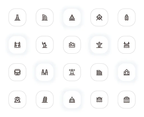 Wahrzeichen und Orte werden mit Symbolen markiert. Paris, Dubai, Amerika, Brasilien, Japan, Korea, Italien, Ägypten. Vektorumrisse Piktogramme für Web und ui, ux mobile App Design. Editierbarer Schlaganfall. 24x24 Pixel perfekt. — Stockvektor
