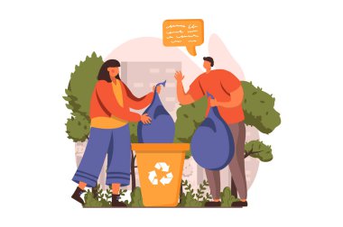 İnsanlar çöplük web sitesi konseptini düz tasarımla topluyorlar. Şehir parkında çöp toplayan erkek ve kadın çöpleri geri dönüşüm için konteynırlara ayırıyor. Karakter sahnesi olan vektör illüstrasyonu