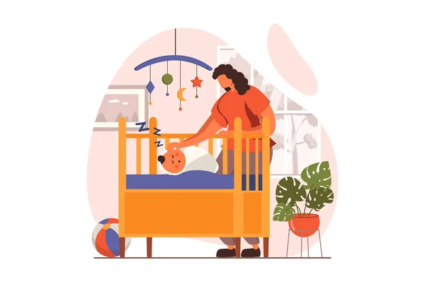 フラットデザインの若い家族のWebコンセプトの新生児。幸せな母親は眠っている赤ん坊とベビーベッドのそばに立っている。母親は小さい子供の世話をする。子供の頃の母親。人のシーンとベクトルイラスト — ストックベクタ