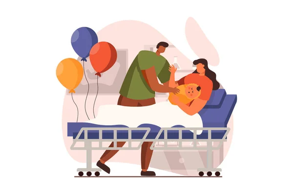 フラットデザインの若い家族のWebコンセプトの新生児。風船のお父さんが産後病棟に立っている間、幸せなお母さん。子供を持つ父と母。人のシーンとベクトルイラスト — ストックベクタ