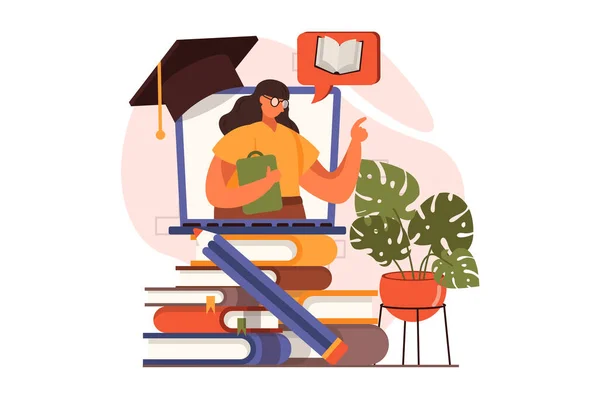 Conceito web educação on-line em design plano. O professor ensina remotamente. Biblioteca on-line, e-learning na plataforma educacional, graduação e obtenção de diploma. Ilustração vetorial com cena de pessoas — Vetor de Stock