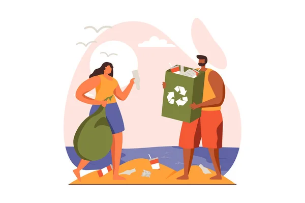 Gente recolectando basura concepto web en diseño plano. Hombre y mujer recogiendo residuos de plástico en bolsas en la playa, clasificando la basura en contenedores para su reciclaje. Ilustración vectorial con escena de personajes — Vector de stock