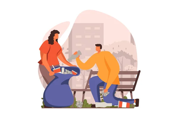 フラットデザインでゴミのWebコンセプトを収集する人。女と男は袋にゴミを集めて街の公園を掃除する。エコ活動と環境保護。キャラクターシーン付きベクトルイラスト — ストックベクタ