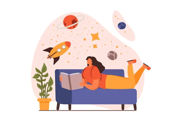 People reading book web concept in flat design. Woman reading popular science book about space while lying on sofa. Student studying textbook at home. Vector illustration with characters scene