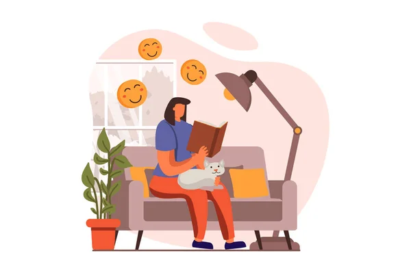 Gente leyendo libro concepto web en diseño plano. Mujer disfruta de la novela mientras está sentado en el sofá con el gato en la sala de estar. El amante de la literatura pasa tiempo con el libro. Ilustración vectorial con escena de personajes — Vector de stock