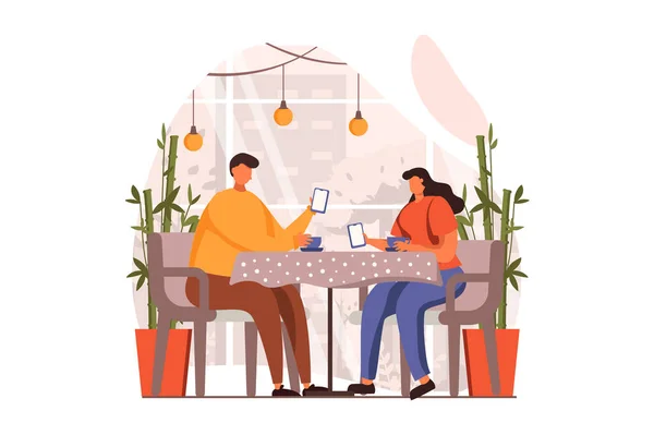 As pessoas sentam-se no conceito de web gadgets em design plano. Homem e mulher rolagem alimenta e olhar para smartphones, ignorando uns aos outros enquanto se sentam à mesa no café. Ilustração vetorial com cena de personagens —  Vetores de Stock