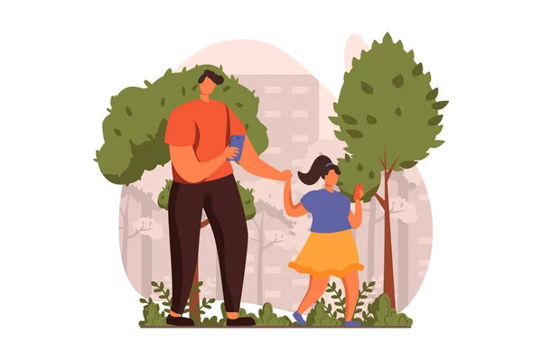 As pessoas sentam-se no conceito de web gadgets em design plano. Pai e filha estão andando juntos no parque e olhando para seus smartphones e ignorando um ao outro. Ilustração vetorial com cena de personagens —  Vetores de Stock