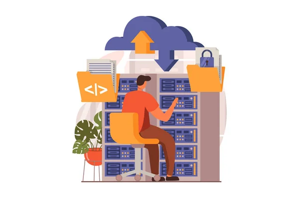 Concepto web SaaS en diseño plano. El hombre mantiene el trabajo del centro de datos para los clientes que utilizan tecnologías en la nube. Los usuarios trabajan con programas comprados por suscripción. Ilustración vectorial con escena de personajes — Vector de stock