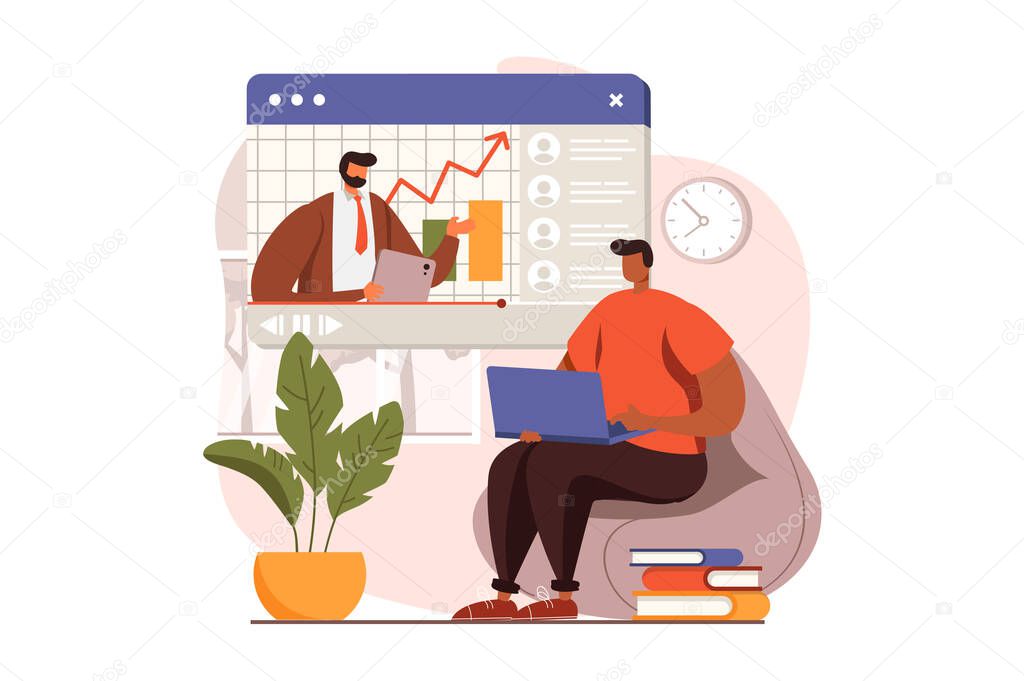 Online education web concept in flat design. Teacher explains lessons remotely, student studying with laptop. Online learning programs at educational platform. Vector illustration with people scene