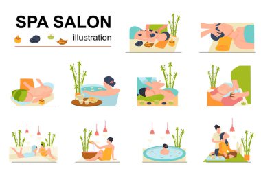 İnsanların sahne setinin olduğu bir spa salonu konsepti. Kadınlar rahatlar ve geri dönerler ya da kafa masajı yaparlar, çiçeklerle banyo yaparlar, güzellik tedavileri ve cilt bakımı yaptırırlar, aromaterapi yaptırırlar. Web için düz tasarım vektör illüstrasyonuName