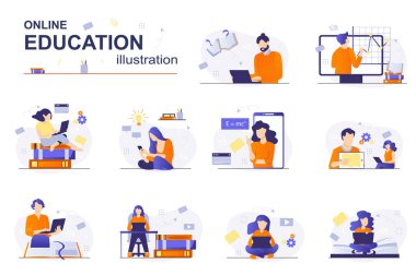 Çevrimiçi eğitim kavramı insanların sahne seti ile. Öğrenciler uzaktan çalışıyorlar, kitap okuyorlar, ders kitaplarını kullanarak sınavlara hazırlanıyorlar, web siteleri ve video dersleri izliyorlar. Web için düz tasarım vektör illüstrasyonuName