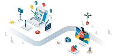 Bloglama konsepti 3d izometrik web pankartı. İnsanlar makaleler yazıyor, videolar kaydediyor, fotoğraf çekiyor ve içeriği paylaşıyor, takipçiler abone oluyor. İniş sayfası ve şablon tasarımı için vektör illüstrasyonu