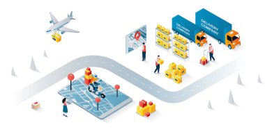 Teslimat şirketi konsepti 3D izometrik web pankartı. İnsanlar depoda çalışıyor, paketleri yükleyip dağıtıyorlar, müşteriler kutuları internetten takip ediyor. İniş sayfası ve şablon tasarımı için vektör illüstrasyonu