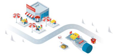 Restoran konsepti 3d izometrik web pankartı. İnsanlar sokak kafesini ziyaret ediyor, kafeterya masasında yemek yiyor, müşteriler internetten yemek sipariş ediyor. İniş sayfası ve şablon tasarımı için vektör illüstrasyonu