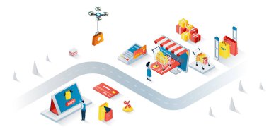 Alışveriş konsepti 3d izometrik web pankartı. İnsanlar sezon satışlarında internetten alışveriş yapar, alışveriş sitelerinde sipariş verir, ödeme yapar ve teslimatı kullanır. İniş sayfası ve şablon tasarımı için vektör illüstrasyonu
