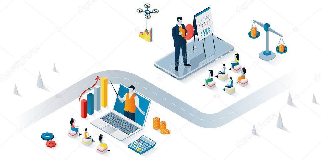 Business training concept 3d isometric web banner. People listen to speaker at seminar, online coaching, report presentation at conference. Vector illustration for landing page and web template design