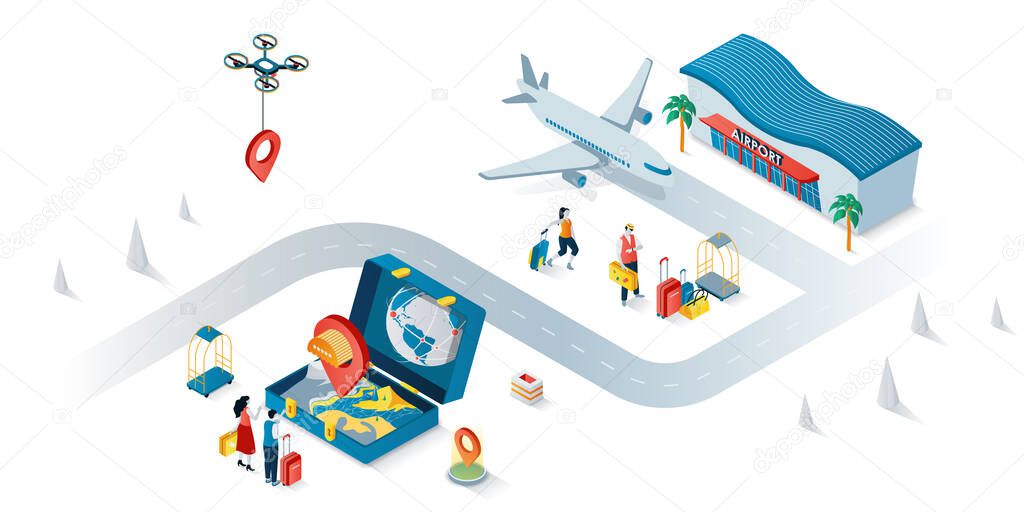 Travel vacation concept 3d isometric web banner. People with luggage go on trip, choosing direction and flying at airplane to global tour. Vector illustration for landing page and web template design