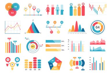 Farklı grafik, diyagram, akış şeması, iş akışı, zaman çizelgesi olan veri görselleştirme vektör tasarım şablonu kümesi. İş istatistikleri, planlama ve analitik için bilgi grafikleri.