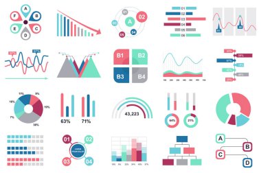 Farklı grafik, diyagram, akış şeması, iş akışı, zaman çizelgesi olan veri görselleştirme vektör tasarım şablonu kümesi. İş istatistikleri, planlama ve analitik için bilgi grafikleri.