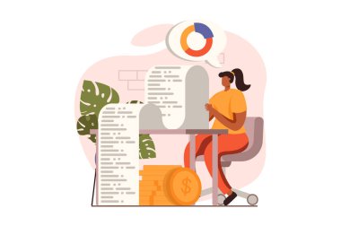 Düz tasarımda bütçe web konsepti analiz ediliyor. Kadın parayı hesaplar ve kontrol eder, faturaları ya da vergileri öder, finansal verileri analiz eder. Denetleme ve finans yönetimi. İnsan sahnesiyle ilüzyon