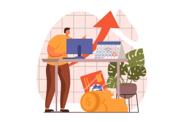Düz tasarımda bütçe web konsepti analiz ediliyor. Finansal rapor hazırlayan adam, yatırım ve planlama ayları takvimle öder. Denetleme ve finans yönetimi. İnsan sahnesiyle ilüzyon