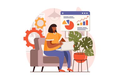 Düz tasarımda iş aktiviteleri web konsepti. Kadın şirket istatistiklerini analiz eder ve finansal rapor hazırlar, strateji yaratır. Ofiste çalışan iş adamları. İnsan sahnesiyle ilüzyon