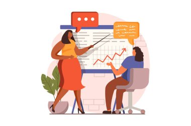 Daire dizaynında iş görüşmesi web konsepti. Koç çalışanlara tavsiye eder, kadınlar sunumda iş hakkında konuşur. İş arkadaşları konferansta beyin fırtınası yapıyor. İnsan sahnesiyle ilüzyon