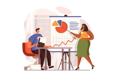 Düz tasarımda iş süreci web konsepti. Kadın ve erkek konferansta sunum raporlarını analiz ediyor. Şirket geliştirme, başarı ve liderlik. İnsan sahnesiyle ilüzyon