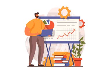 Düz tasarımda iş süreci web konsepti. Mali istatistiklerle ilgili rapor hazırlayan adam konferansta konuşuyor. Şirket geliştirme, başarı ve liderlik. İnsan sahnesiyle ilüzyon