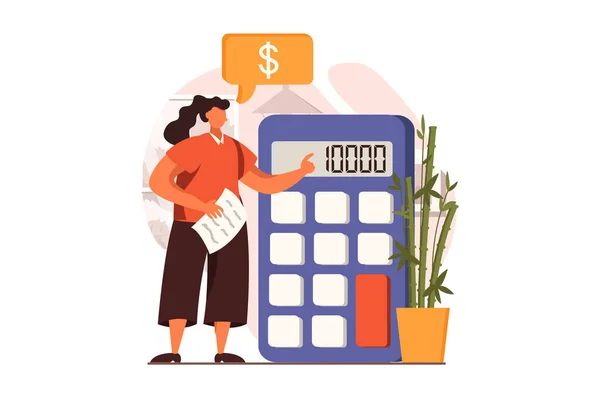 Analyzing budget web concept in flat design. Woman calculate and control financial balance, making report and paying taxes. Auditing and finance management. Illustration with people scene