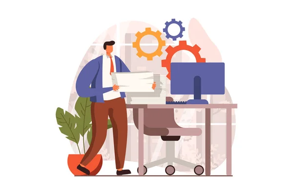 Business activities web concept in flat design. Man accountant holds stack of documents and making paperwork at workplace. Businesspeople working at office. Illustration with people scene