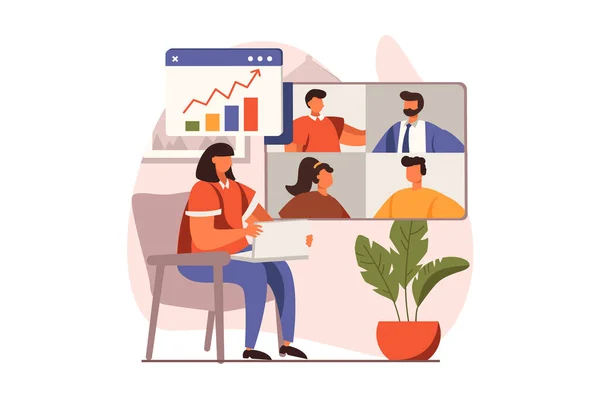 Business meeting web concept in flat design. Woman discussing tasks with employees by calling group video chat. Colleagues brainstorming at online conference. Illustration with people scene