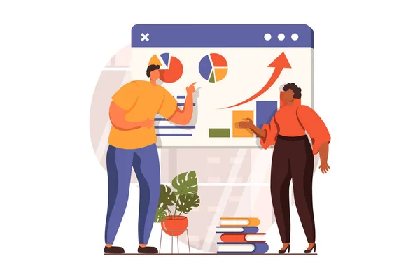 Business process web concept in flat design. Man and woman discussing report with financial statistics at office. Company development, success and leadership. Illustration with people scene