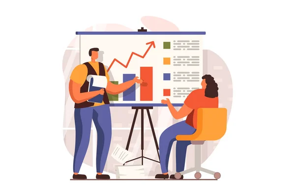 Business process web concept in flat design. Man and woman discussing report, analyzes data and talking at meeting. Company development, success and leadership. Illustration with people scene