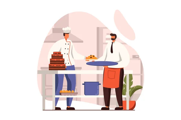 Cooking and restaurant web concept in flat design. Chef prepares desserts and sweet cakes, waiter takes order in kitchen. Culinary art and professional staff. Illustration with people scene