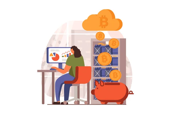 Cryptocurrency mining web concept in flat design. Woman creates her own mining farm, analyzing financial data and earning bitcoins using blockchain technology. Illustration with people scene