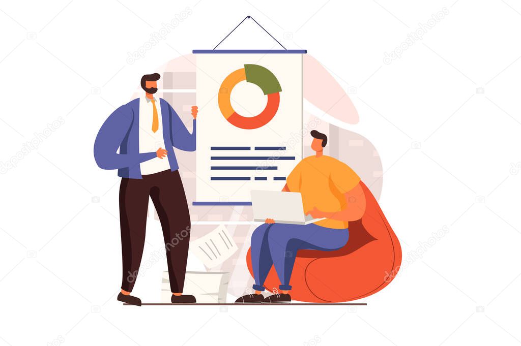 Business process web concept in flat design. Men analyze data and create strategy, working in team on project. Company development, success and leadership. Illustration with people scene