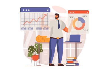 Düz dizaynlı dijital iş web konsepti. Finansal veri bilgilerini analiz eden, şirketi geliştiren ve geliştiren, karı artıran bir adam. E-ticaret ve e-ticaret. İnsan sahnesiyle ilüzyon
