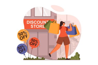 Düz tasarımda indirimli web mağazası kavramı. Çantalı mutlu kadın dükkanda karlı fiyatlardan alışveriş yapıyor. Müşteriler için akıllı alışveriş ve sadakat programı. İnsan sahnesiyle ilüzyon