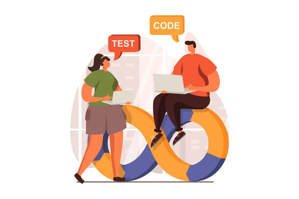 DevOps web concept in flat design. Team doing project management, testing and coding programs, discuss task and working together. Development operations practice. Illustration with people scene