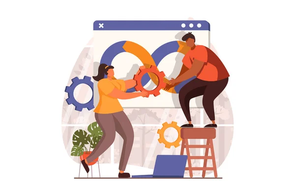 DevOps web concept in flat design. Woman and man settings programs, optimization and administration work processes, teamwork. Development operations practice. Illustration with people scene