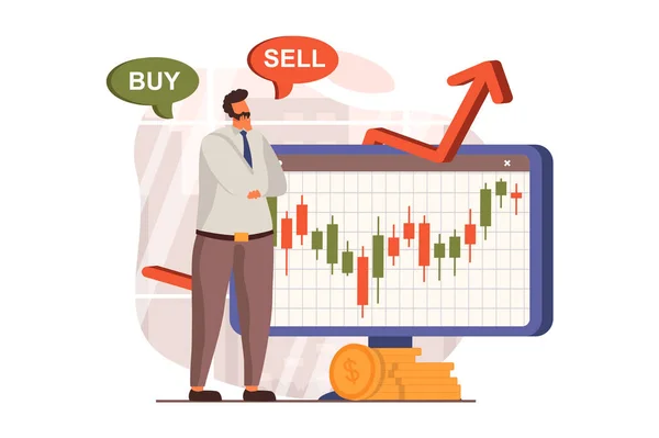 Digital business web concept in flat design. Man buys and sells shares on stock exchange, analyzes market and invests money profitably. E-commerce and e-business. Illustration with people scene