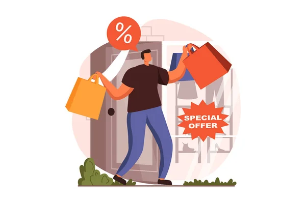 Discount store web concept in flat design. Happy man with bags making purchases in clothes shop at special offer. Smart shopping and loyalty program for clients. Illustration with people scene