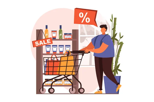 Discount store web concept in flat design. Happy man with cart buying food at supermarket at special offers. Smart shopping and loyalty program for clients. Illustration with people scene