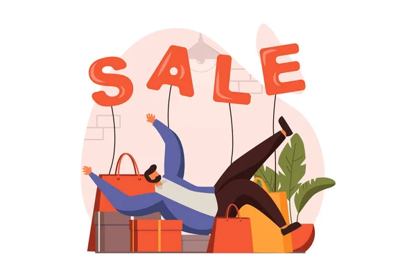 在平面设计中 折扣商店网络概念 快乐的男人躺在袋子里 以优惠价购物 智能购物和客户忠诚度计划 向人们展示情景 — 图库照片