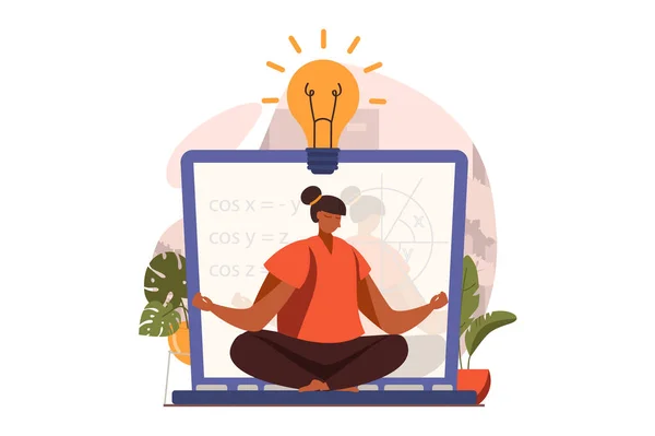 Distant learning web concept in flat design. Woman thinking, concentrating, gaining knowledge, generating ideas, brainstorming. Online education and e-learning. Illustration with people scene