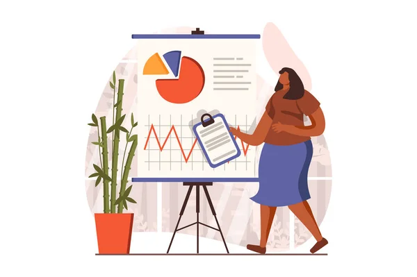 Financial analysis web concept in flat design. Woman speaks at business meeting with marketing research or report at conference. Audit, investment and accounting. Illustration with people scene
